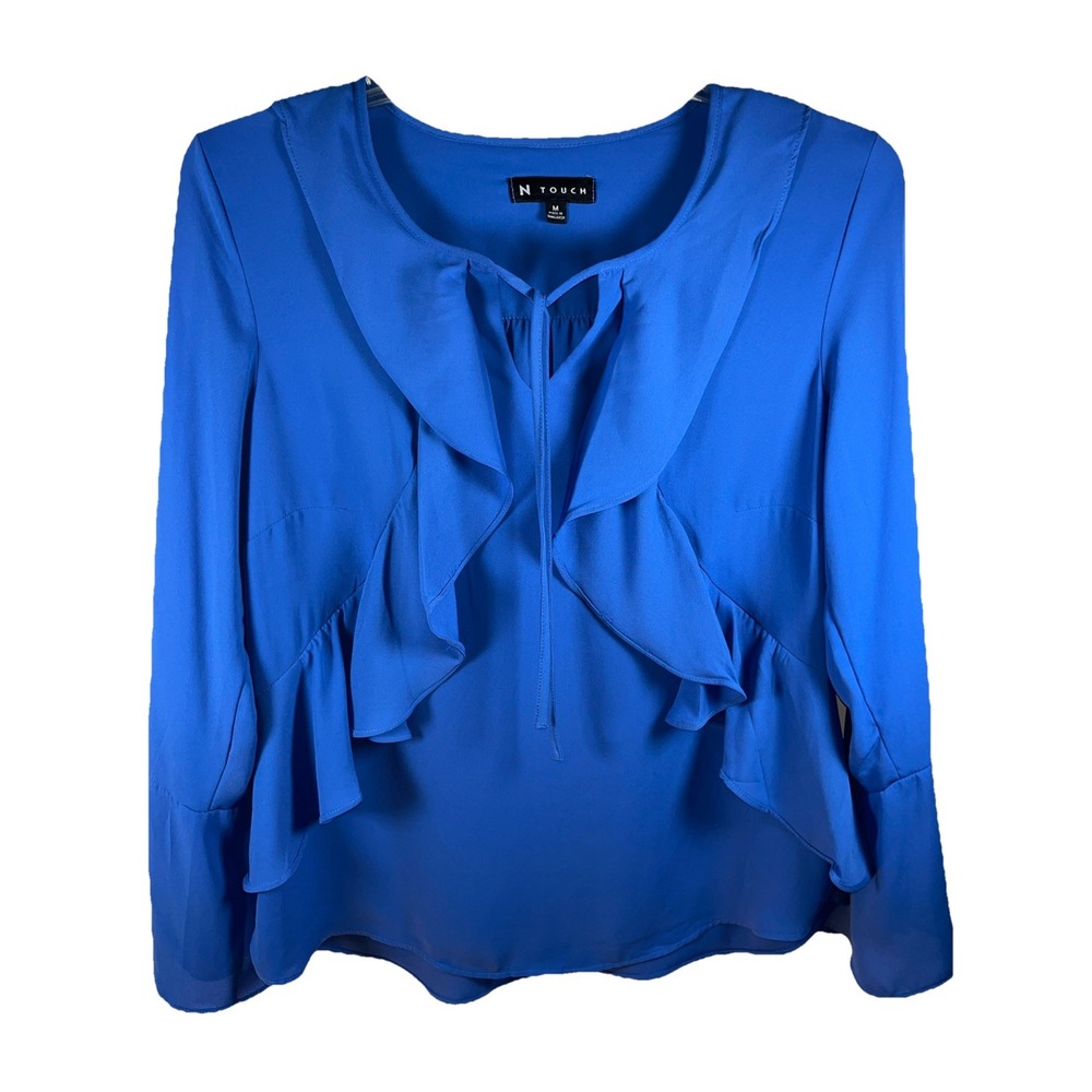 N Touch Royal Blue Ruffle Tie Neck Bell Sleeve Blouse Top Medium 3296